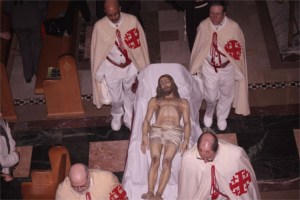 This service is a solemn reenactment of The Burial of Christ and is very similar to the ceremony reenacted each year on Good Friday at the Church of the Holy Sepulchre in Jerusalem.